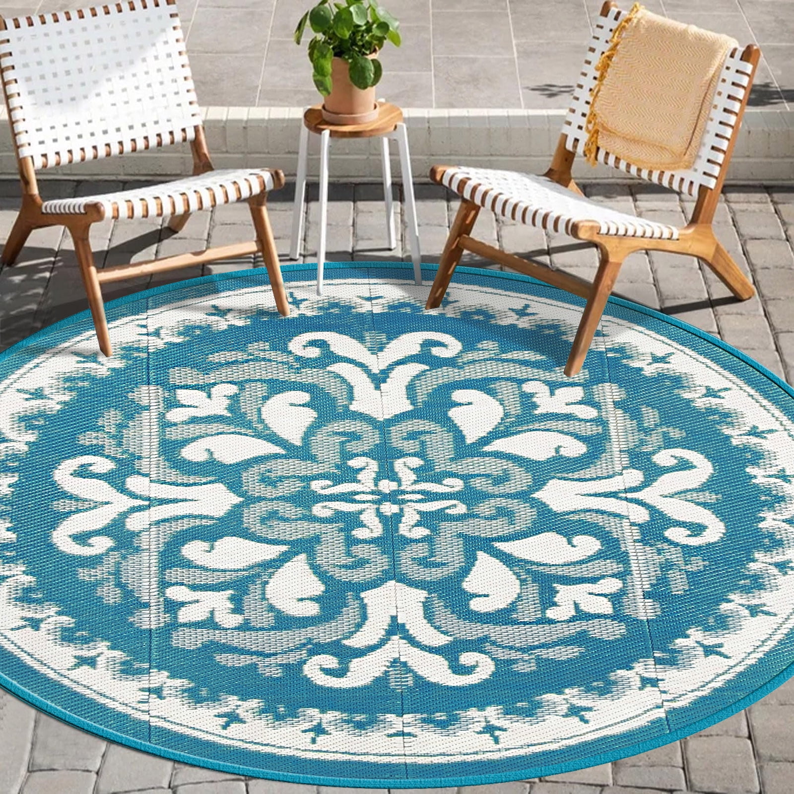 Yamaziot 6' Outdoor Rugs, Round Patio Rug Reversible Mats RV Outdoor