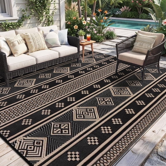 5'x8' Outdoor Rugs, Yamaziot Waterproof Plastic Patio Rug, Reversible Outdoor Mats for RV Camping Picnic Garden Backyard Balcony Porch Beach, Black