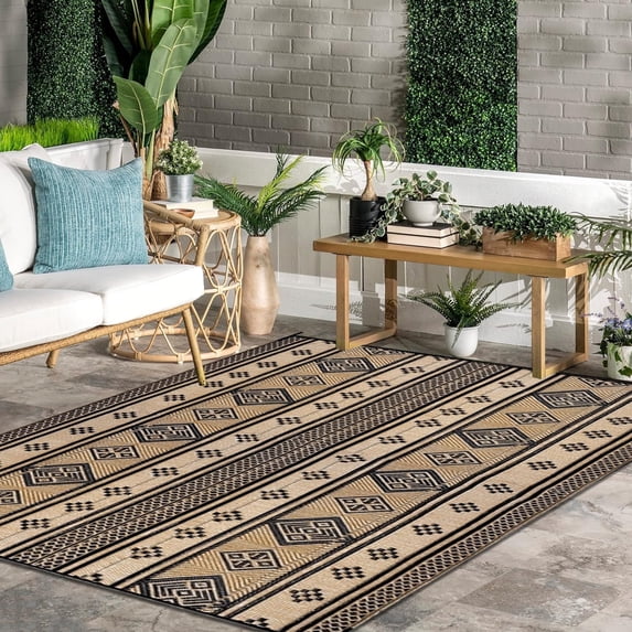 5'x8' Outdoor Rugs, Yamaziot Waterproof Plastic Patio Rug, Reversible Outdoor Mats for RV Camping Picnic Garden Backyard Balcony Porch Beach, Black