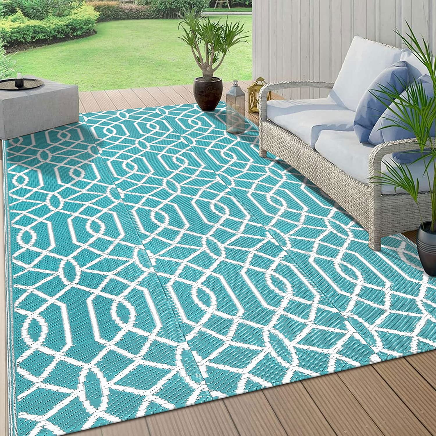 6'x9' Outdoor rugs Patio Plastic Straw waterproof Grey,Teal camper