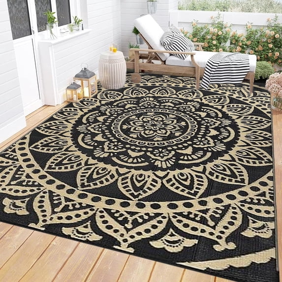Yamaziot 6'x9' Outdoor Rugs Patio Rug Reversible Mats Waterproof RV Rugs Camping Rugs Plastic Straw Outdoor Area Rug for Porch, Balcony, Beach, Black Beige