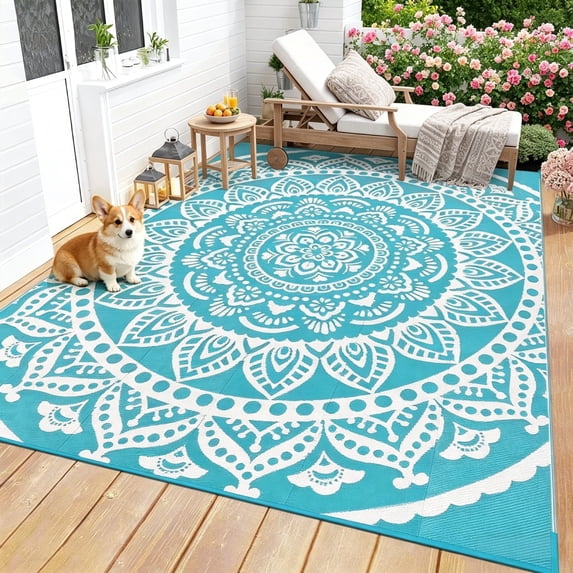 Yamaziot 6'x9' Outdoor Rugs Patio Rug Reversible Mats Waterproof RV Rug Plastic Straw Outdoor Area Rug for Patios, Camping, Porch, Balcony, Beach, Deck, Teal