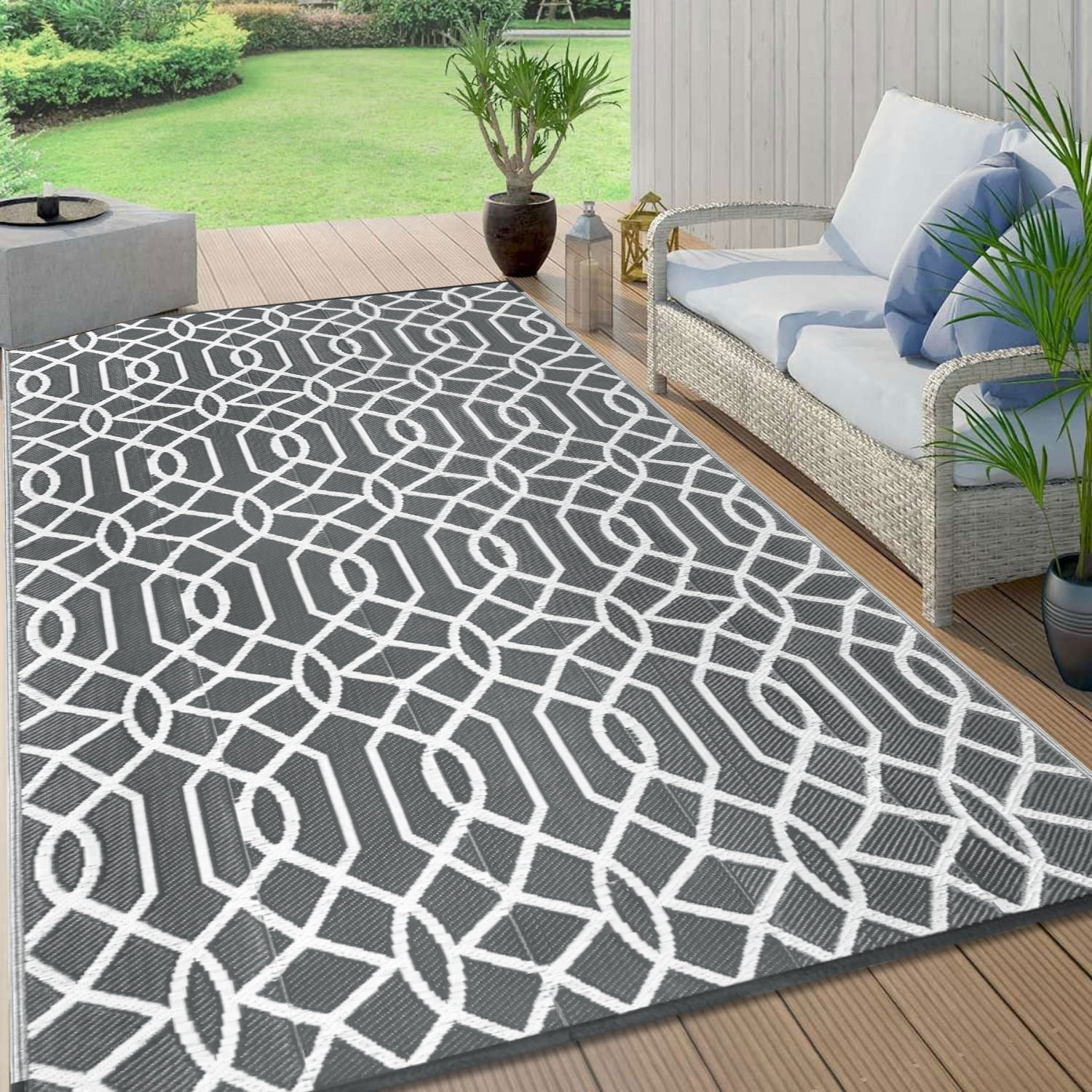Yamaziot 6'x9' Reversible Outdoor Patio Rug, Ideal for Camping, RV, Beach, Deck, Gray
