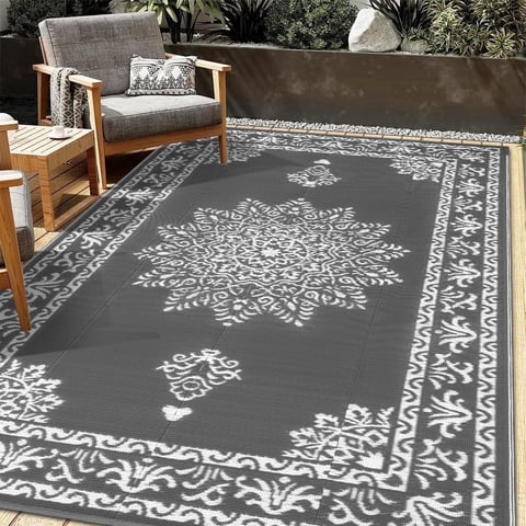 Yamaziot 6'x9' Outdoor Rugs Patio Rug Medallion Reversible Mat, RV Rug, Waterproof Plastic Straw Outdoor Area Rug for Patio, Camping, Porch, Balcony, Beach, Deck, Backyard, Garden, Gray