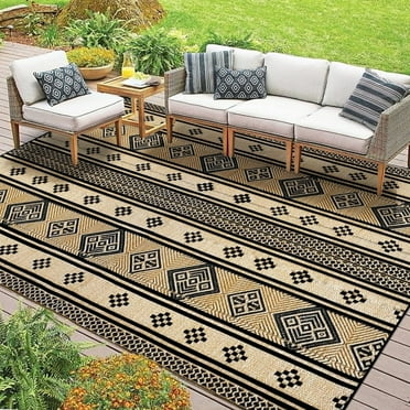 6'x9' Outdoor Rugs, Yamaziot Waterproof Plastic Patio Rug, Reversible Outdoor Mats for RV Camping Picnic Garden Backyard Balcony Porch Beach, Black