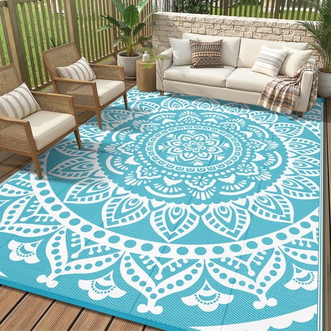 Outdoor Rugs 8'x10', Yamaziot Patio Rug Reversible Plastic Waterproof RV Mats, Foldable Outdoor Area Rug for Patios, Camping, Porch, Balcony, Beach, Deck, Teal