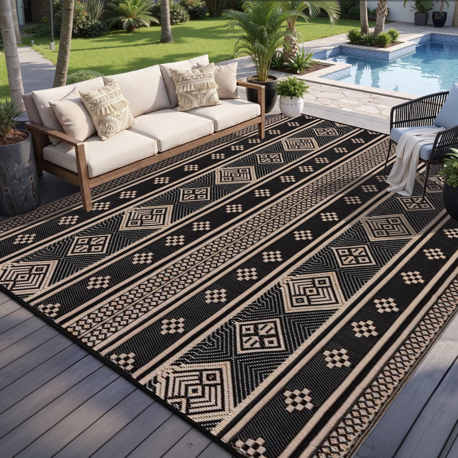 8'x10' Outdoor Rugs, Yamaziot Waterproof Plastic Patio Rug, Reversible Outdoor Mats for RV Camping Picnic Garden Backyard Balcony Porch Beach, Black