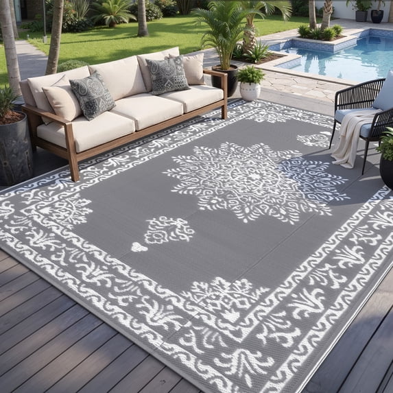 Yamaziot 8'x10' Outdoor Rugs Patio Rug Medallion Reversible RV Mats, Waterproof Camping Plastic Straw Outdoor Rug for Patio, Porch, Balcony, Beach, Deck, Backyard, Garden, Gray