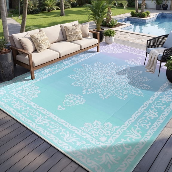 8'x10' Colorful Outdoor Rugs, Yamaziot Patio Rug Reversible RV Mat, Waterproof Camping Rug Plastic Straw Outdoor Rug for Patio, Porch, Balcony, Beach, Deck, Backyard, Garden