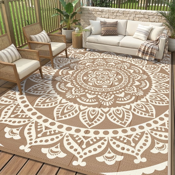 Outdoor Rugs 8'x10', Yamaziot Patio Rug Reversible Plastic Waterproof RV Mats, Foldable Outdoor Area Rug for Patios, Camping, Porch, Balcony, Beach, Deck, Beige