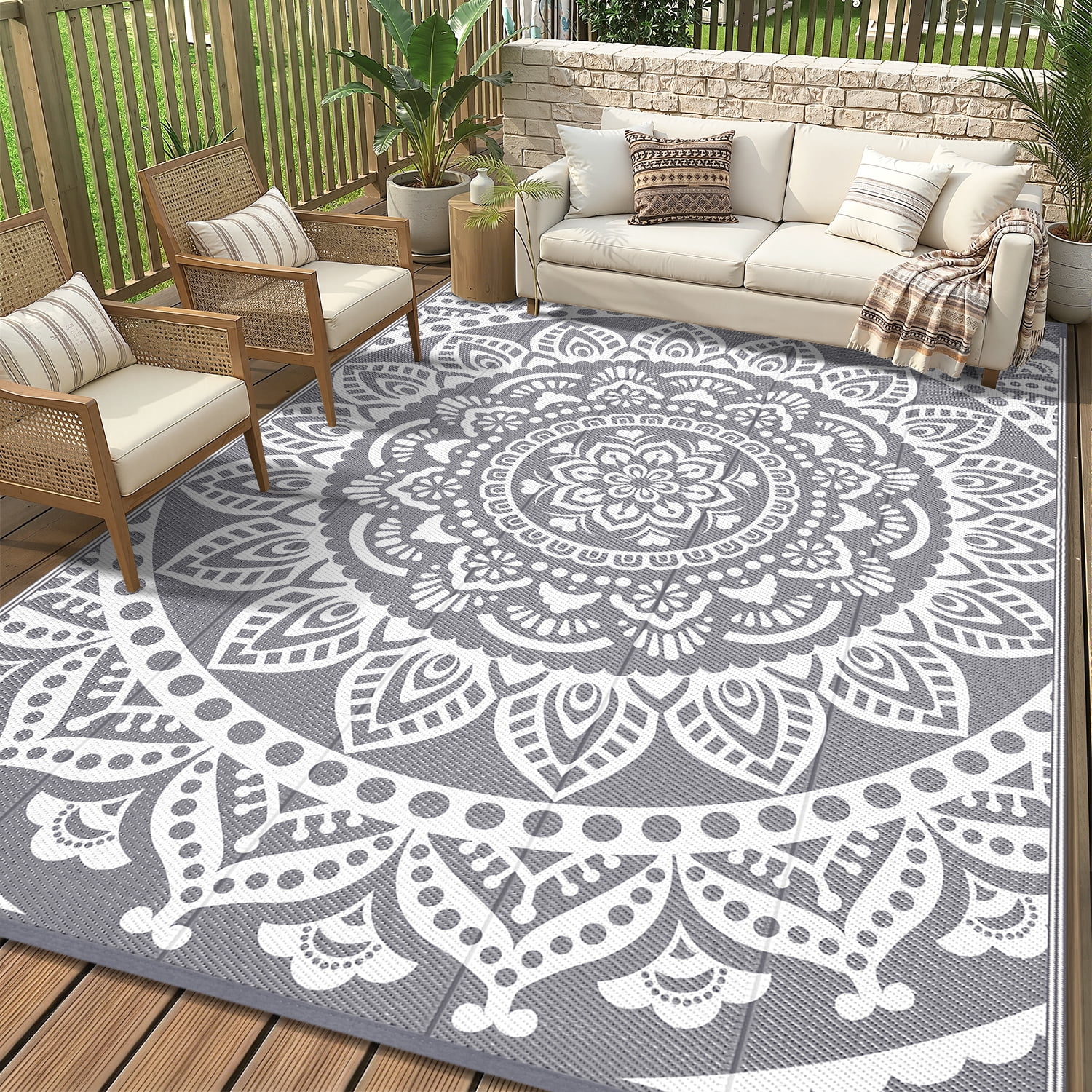 Yamaziot Outdoor Reversible Patio Rug 8x10 Waterproof Camping Mat Gray ...
