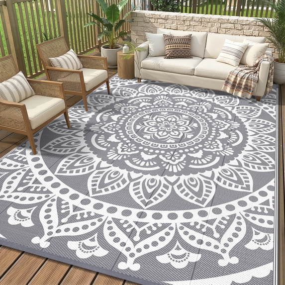Outdoor Rugs 8'x10', Yamaziot Patio Rug Reversible Plastic Waterproof RV Mats, Foldable Outdoor Area Rug for Patios, Camping, Porch, Balcony, Beach, Deck, Gray