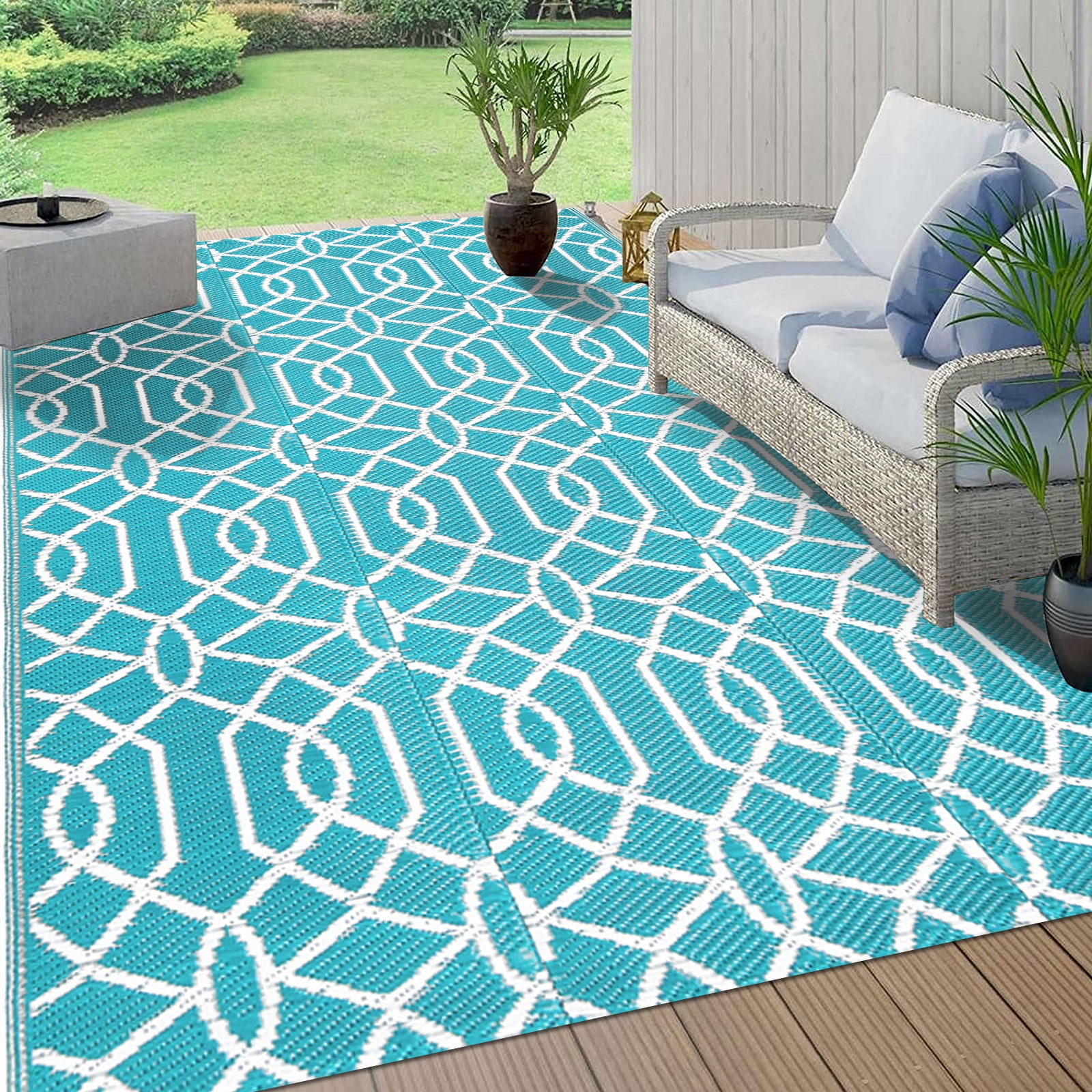 Green Decore Reversible Nirvana Outdoor Rug, Waterproof, Fade Resistant,  Modern Large Floor Mats for Patios,Decks, Garden and Outdoors, Backyard