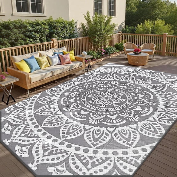 Yamaziot 9'x12' Outdoor Rugs Patio Rug Reversible Mats Waterproof RV Rug Camping Rugs Plastic Straw Rug Outdoor Area Rug for Patios, Porch, Balcony, Beach, Gray