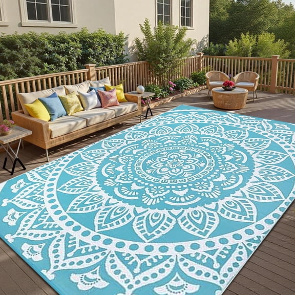 Yamaziot 9'x12' Outdoor Rugs Patio Rug Reversible Mats Waterproof RV Rug Plastic Straw Outdoor Area Rug for Patios, Camping, Porch, Balcony, Beach, Deck, Teal