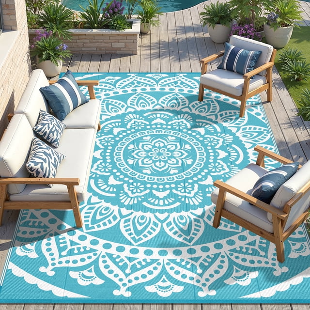 9'x12' Outdoor Rugs, Yamaziot Large Patio Rug Reversible Mats Waterproof RV Rug Camping Rugs Plastic Rug Outdoor Area Rug for Patios, Porch, Balcony, Beach, Teal
