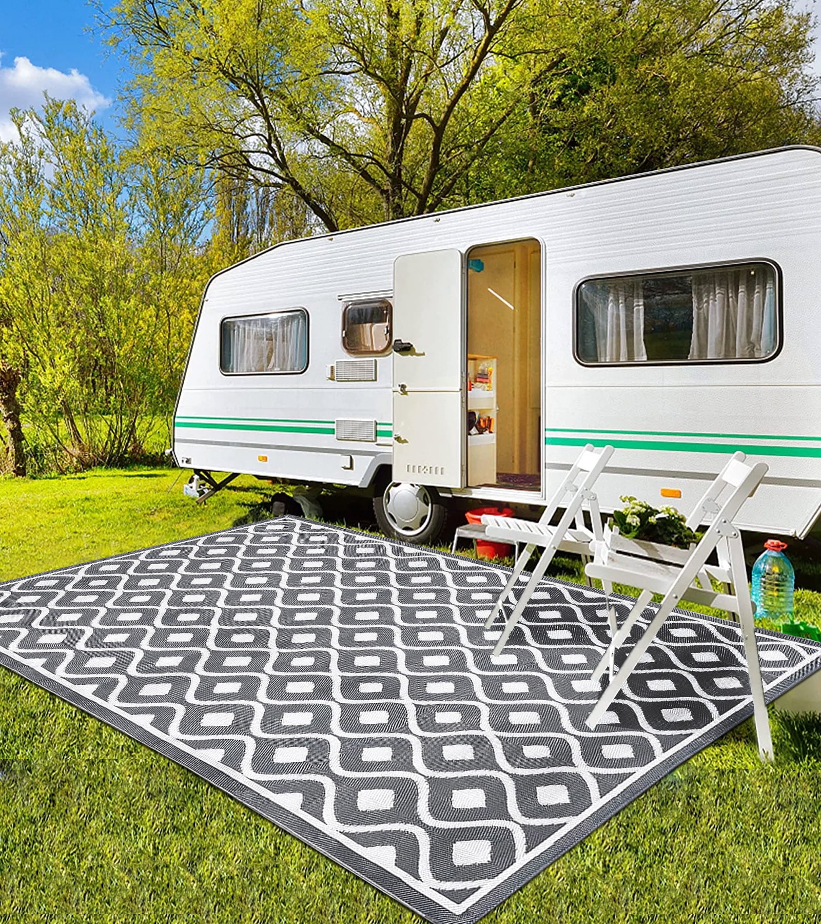 Patio Mat Indoor Outdoor RV 6X9 ft Reversible Camping Picnic Carpet Deck Rug  Pad