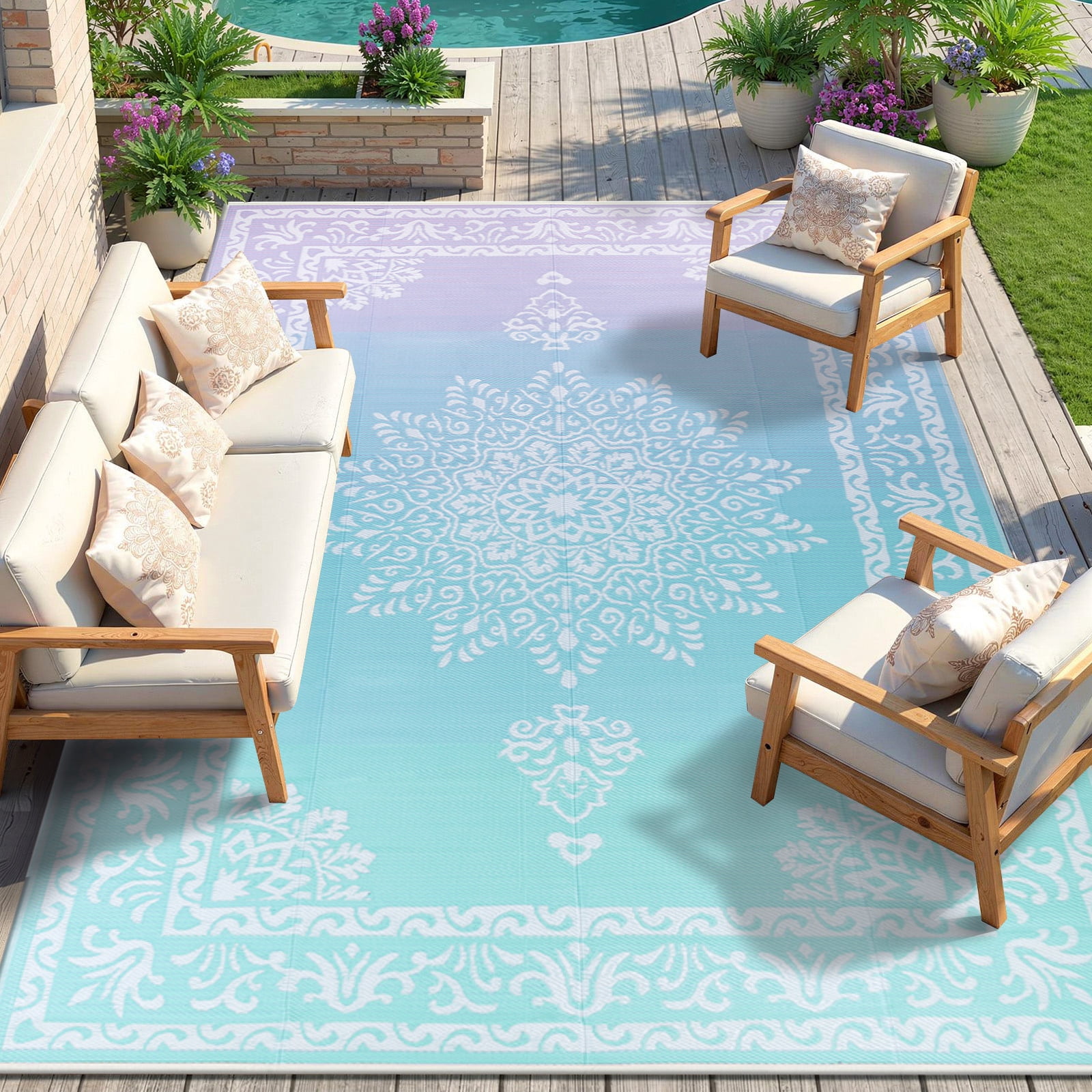 9'x12' Outdoor Rugs, Yamaziot Colorful Patio Rug Large Reversible RV Mat, Waterproof Camping Rug Plastic Straw Outdoor Rug for Patio, Porch, Balcony, Beach, Deck, Backyard, Garden