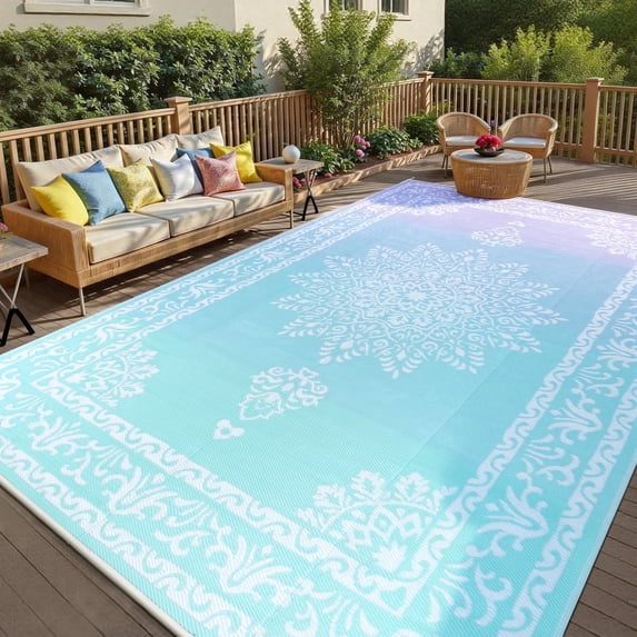 9'x12' Outdoor Rugs, Yamaziot Colorful Patio Rug Large Reversible RV Mat, Waterproof Camping Rug Plastic Straw Outdoor Rug for Patio, Porch, Balcony, Beach, Deck, Backyard, Garden