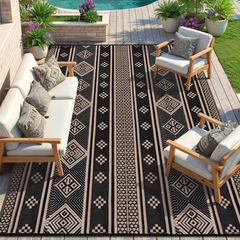 9'x12' Outdoor Rugs, Yamaziot Waterproof Plastic Patio Rug, Reversible Outdoor Mats for RV Camping Picnic Garden Backyard Balcony Porch Beach, Black