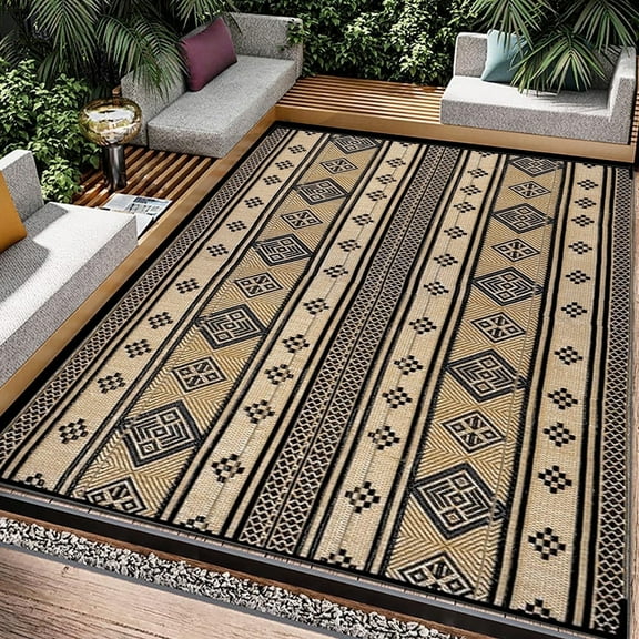 9'x12' Outdoor Rugs, Yamaziot Waterproof Plastic Patio Rug, Reversible Outdoor Mats for RV Camping Picnic Garden Backyard Balcony Porch Beach, Black