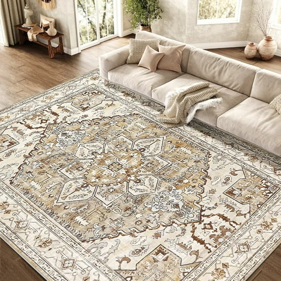 Yamaziot 9x12 Ft Area Rugs for Living Room, Washable Bedroom Throw Rug, Non-Slip Mat, Beige Medallion Distressed Vintage Boho Floor Carpet