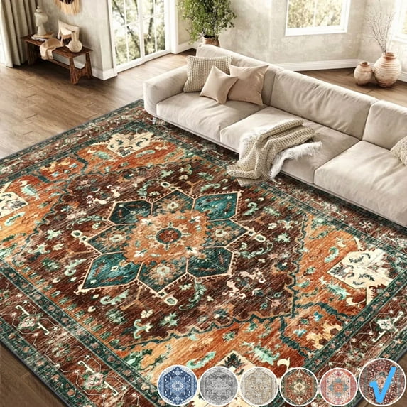 Yamaziot 9x12 Ft Area Rugs for Living Room, Washable Bedroom Throw Rug, Non-Slip Mat, Brown Medallion Distressed Vintage Boho Floor Carpet