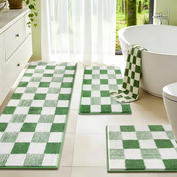 Green Bathroom Rugs, Yamaziot Checkered Bath Rugs Set 3, Non Slip Absorbent Bathroom Runner with Toilet Mat, Washable Extra Soft Microfiber Floor Carpet