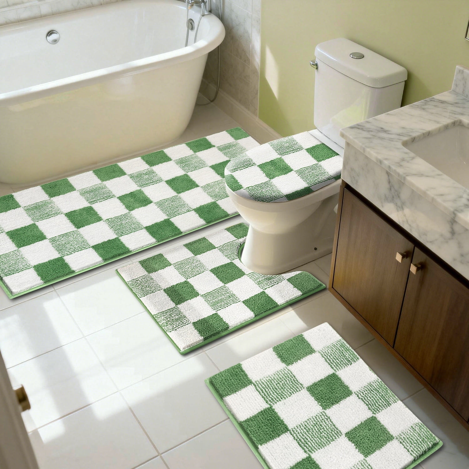 Bathroom Rugs, Yamaziot Checkered Green Bath Rugs Runner with Toilet Mat, Non Slip Water Absorbent Microfiber, 4 Count