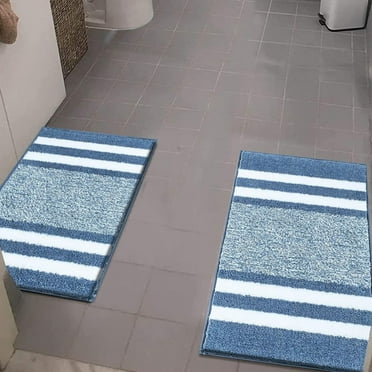 Yamaziot Bath Mat, Bathroom Rug Set, Non Slip Absorbent Quick Dry Bath Room Runner Rugs, Extra Soft Microfiber Washable Machine Tub Bathtub Shower Floor Carpet, Blue & White