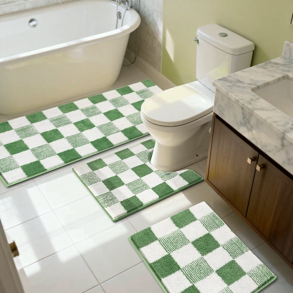 Bathroom Rugs, Yamaziot Checkered Green Bath Rugs Runner with Toilet Mat, Non Slip Water Absorbent Microfiber, 3 Count