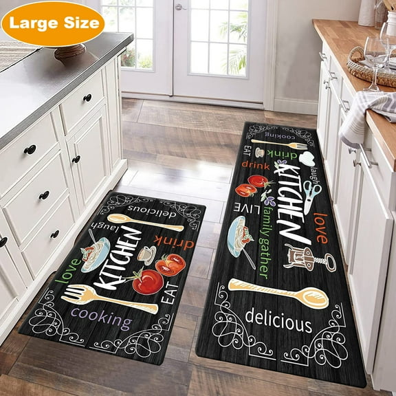 Yamaziot Kitchen Mats Set of 2 Non Slip Kitchen Rugs and Mats Kitchen Floor Mats Comfort Standing Mat, 20''x32''+20''x60'', Black Colorful
