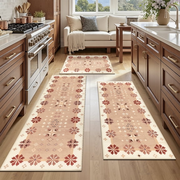 Kitchen Rugs, Yamaziot Kitchen Runner Rug, Non Skid Washable Kitchen Rugs and Runner Set of 3 for Hallway Laundry Room, Beige
