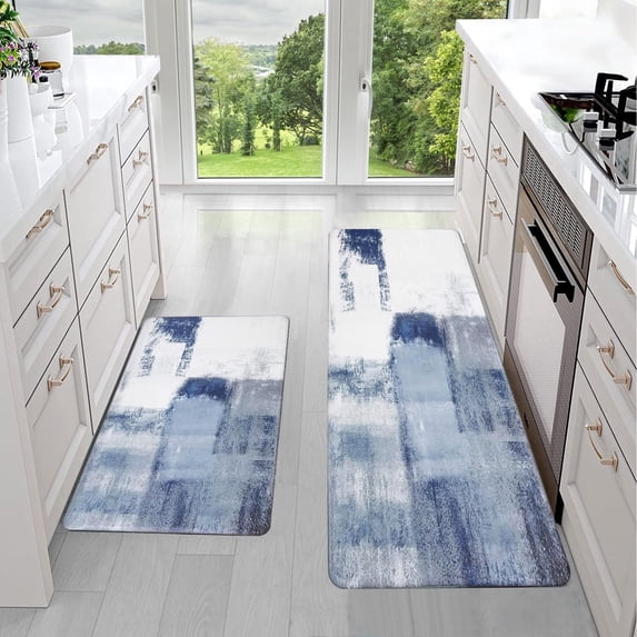 Yamaziot Kitchen Rugs, Abstract Anti Fatigue Mat Non Slip Kitchen Runner for Floor, Comfort Standing Mat, Blue, 17"x27"+17"x47"