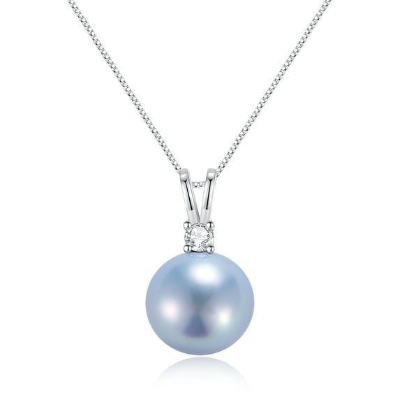 Yami 12-13mm Blue Saltwater Cultured Pearl Necklace Pendant with CZ in S925 Sterling Silver Elegant Jewelry Gift for Her