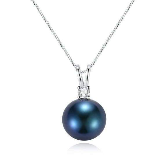 Yami 12-13mm Saltwater Cultured Round Black Pearl Pendant Necklace with CZ in S925 Sterling Silver Gift for Her