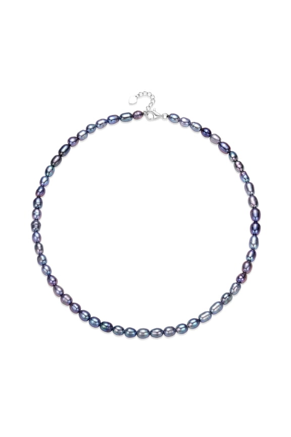 5-6mm Black Cultured Pearl Necklace 925 Sterling Silver 18+2in Valentine's Day Jewelry Gift for Women