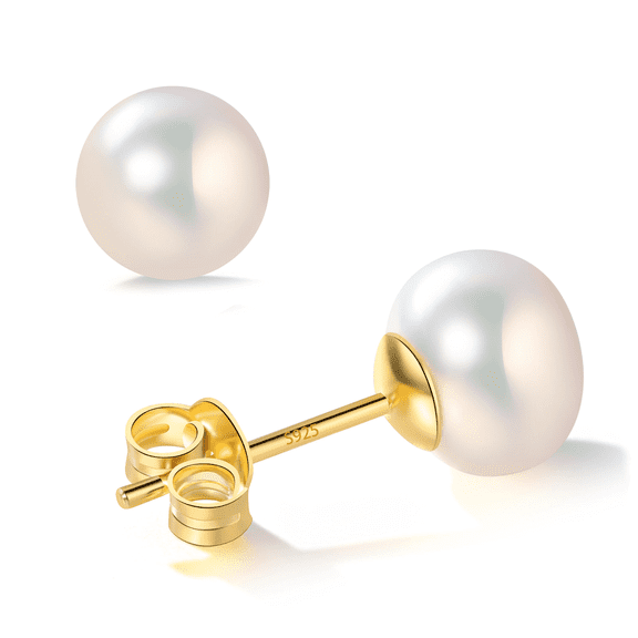 Yami 7-7.5mm Freshwater Cultured White Pearl Studs in 925 Sterling Silver Hypoallergenic Earrings Gifts for Her