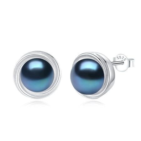Yami 8-8.5mm Black Pearl Stud Earrings Saltwater Cultured Pearls with S925 Sterling Silver Mother's Day Jewelry Gifts for Her