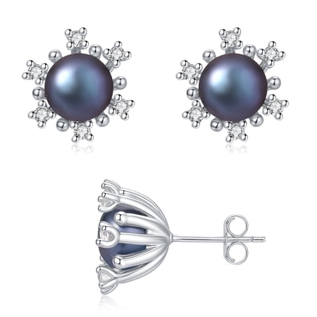 Yami 8-8.5mm Elegant Saltwater Cultured Black Pearl Cubic Zirconia Flower Stud Earrings Hypoallergenic Mother's Day Gift for Her