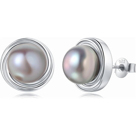Yami 8-8.5mm Saltshwater Cultured Gray Pearl Earrings Studs in 925 Sterling Silver Mother's Day Jewelry Gifts for Women