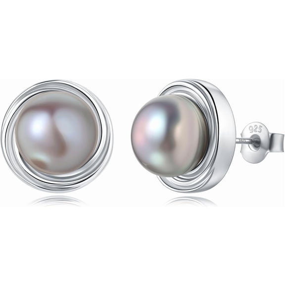 Yami 8-8.5mm Saltshwater Cultured Gray Pearl Earrings Studs in 925 Sterling Silver Mother's Day Jewelry Gifts for Women