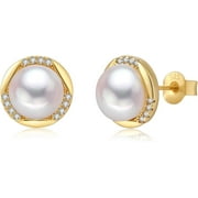 YAMI 8-8.5mm White Pearl Golden Stud Earrings Freshwater Cultured Pearls with S925 Sterling Silver CZ Mother ' Day Gifts for Her