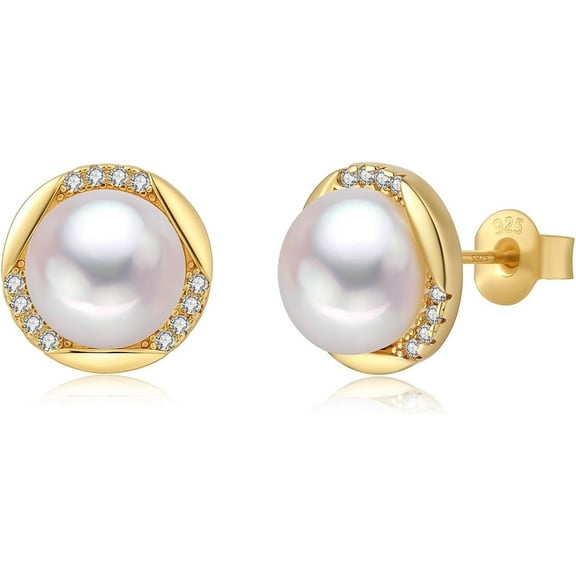 Yami 8-8.5mm White Pearl Golden Stud Earrings Freshwater Cultured Pearls with S925 Sterling Silver CZ Mother ' Day Gifts for Her