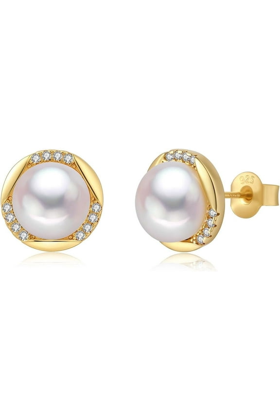 8-8.5mm White Pearl Golden Stud Earrings Freshwater Cultured Pearls with S925 Sterling Silver CZ Mother ' Day Gifts for Her