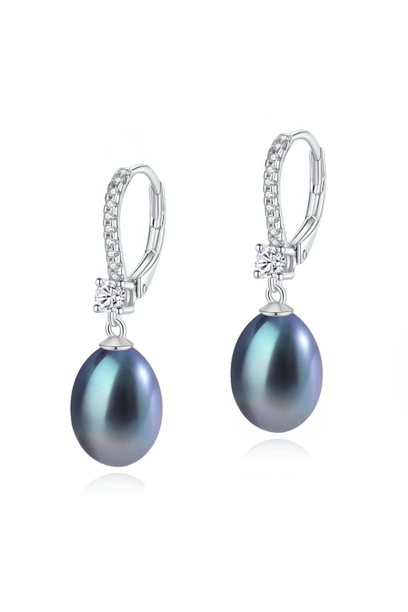 8-8.5mm Cultured Black Teardrop Pearl Earrings Stud in 925 Sterling Silver Dangle Hypoallergenic Valentine's Day Gift for Her