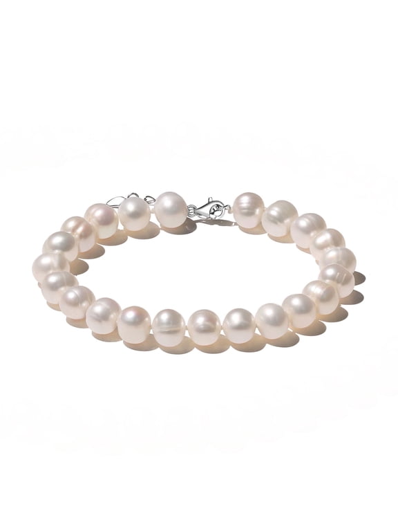 8-9.5mm Freshwater Cultured Round White Pearl Bracelet, 925 Sterling Silver Clasp7.2in Gift for Women