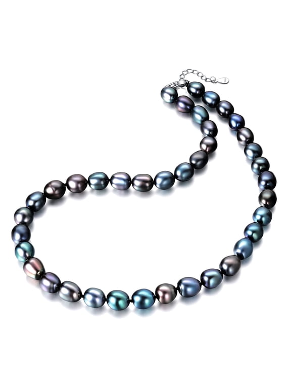 8-9mm Saltwater Cultured Black Pearl Necklace in 925 Sterling Silver 18+2in Valentine's Day Jewelry Gifts for Women