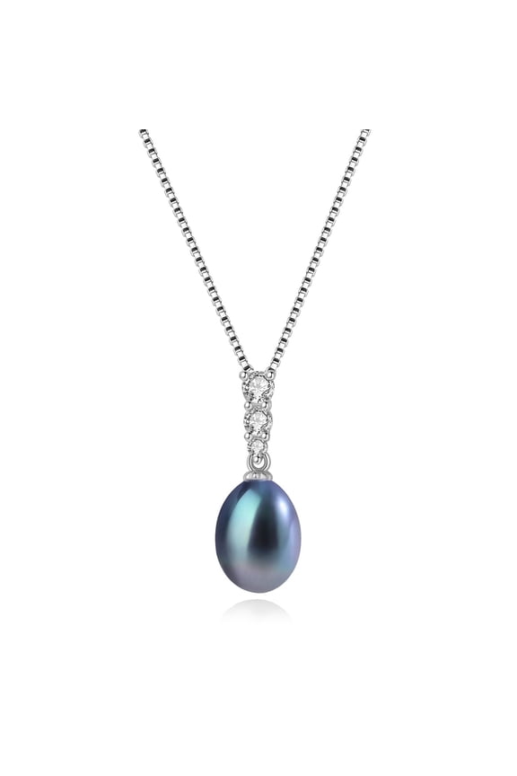 9-10mm Tahitian Black Pearl Pendant Necklace Saltwater Cultured in 925 Sterling Silver Three CZ Jewelry Gifts for Her