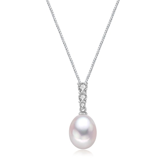 Yami 9-10mm Culture Teardrop Pearl Pendant Necklace with 925 Sterling Silver Cubic Zirconia  Valentine's Day Jewelry Gifts for Women